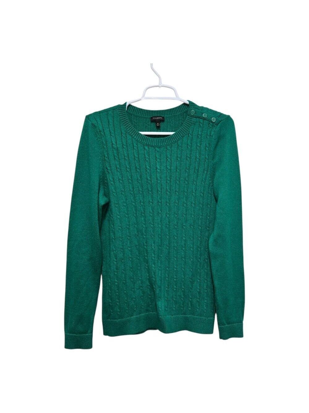 Talbots Green Cable Knit Sweater Button Shoulder Medium